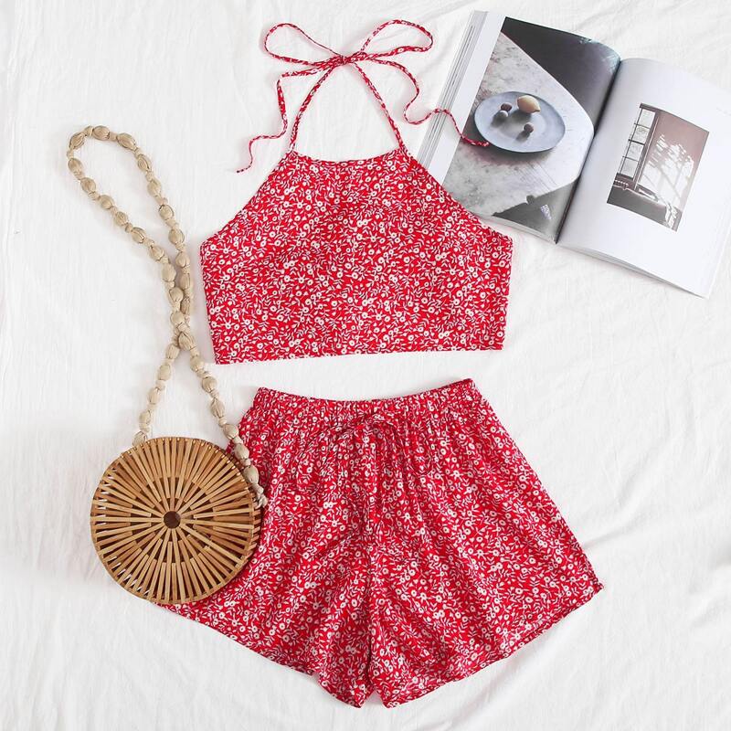 

Ditsy Floral Knot Back Halter Top & Shorts, Red