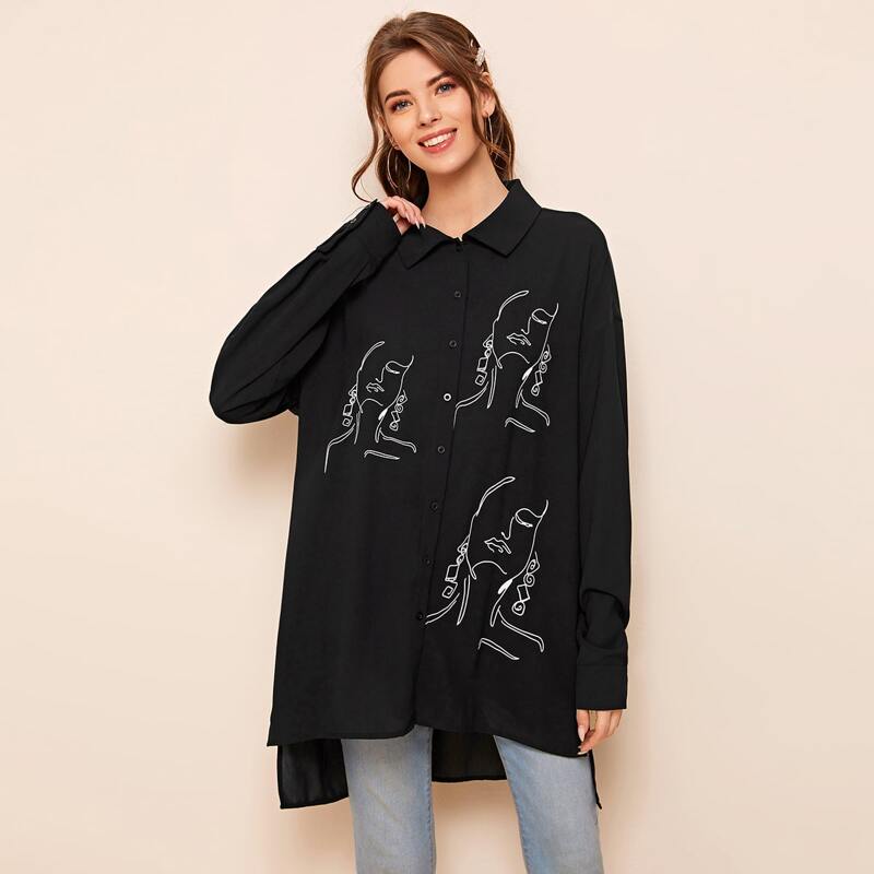 

Figure Graphic Asymmetrical Hem Blouse, Black