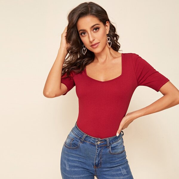 

Solid Sweetheart Neck Top, Burgundy
