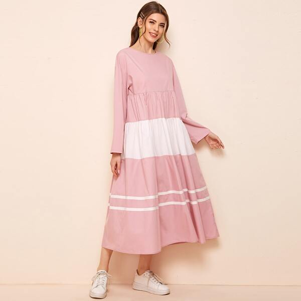 

Contrast Tape Colorblock Smock Dress, Pink