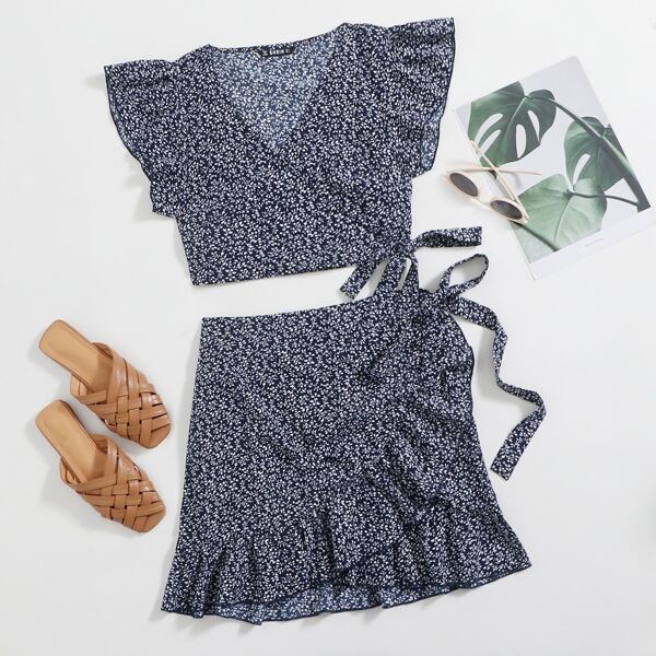

Plants Print Tie Side Wrap Top and Skirt Set, Navy blue