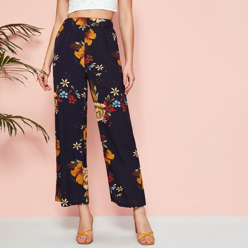 

Floral Wide Leg Pants, Navy blue