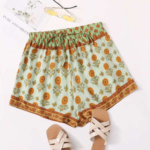

Tie Waist Floral & Tribal Print Shorts, Multicolor