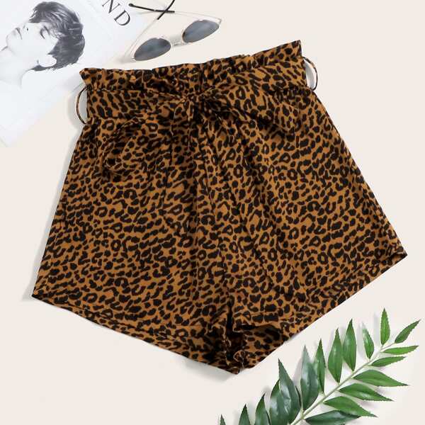 

Paperbag Waist Belted Leopard Shorts, Brown
