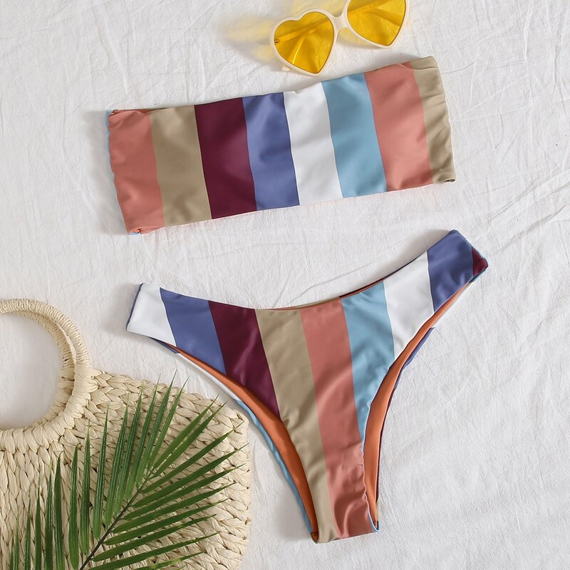 

Colorful Stripe Bandeau Bikini Swimsuit, Multicolor