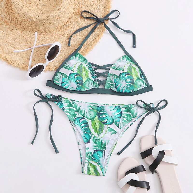 

Tropical Halter Tie Side Bikini Swimsuit, Multicolor