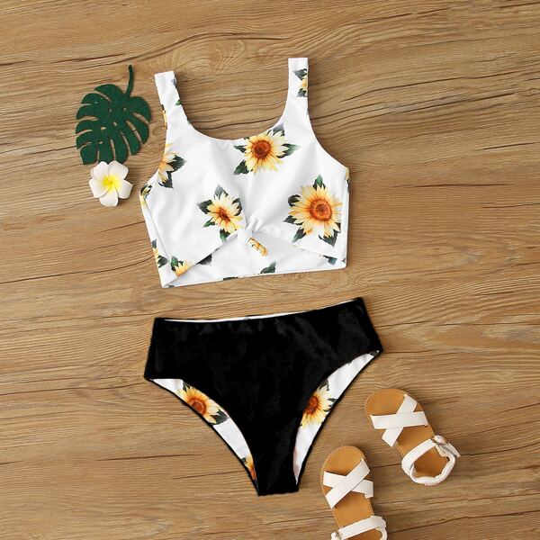 

Girls Sunflower Print Bikini Swimsuit, Multicolor