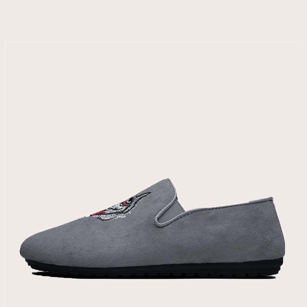 

Men Wolf Embroidered Slip On Loafers, Grey