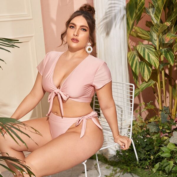

Plus Knot Front Tie Side Bikini Swimsuit, Pink