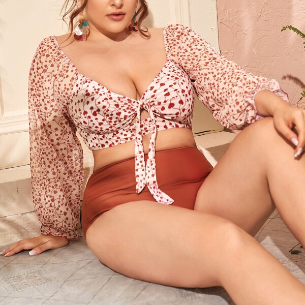 

Plus Leaf Print Knot Front Bikini Swimsuit, Orange