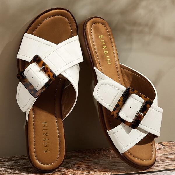 

Croc Embossed Cross Strap Sliders, White