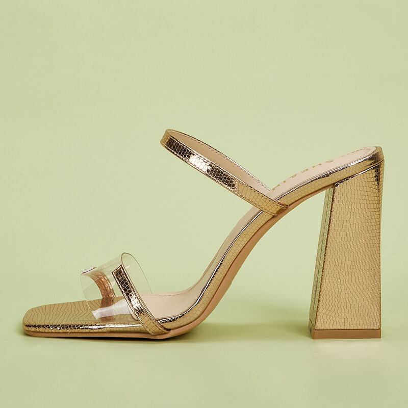 

Lizard Embossed Clear Strap Heeled Mules