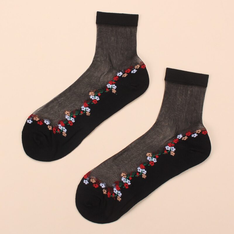 

Floral Pattern Mesh Panel Socks, Black
