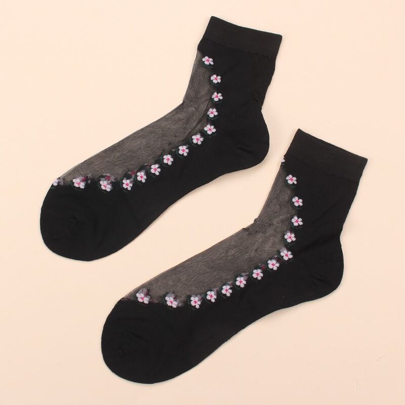 

Floral Pattern Mesh Panel Socks, Black