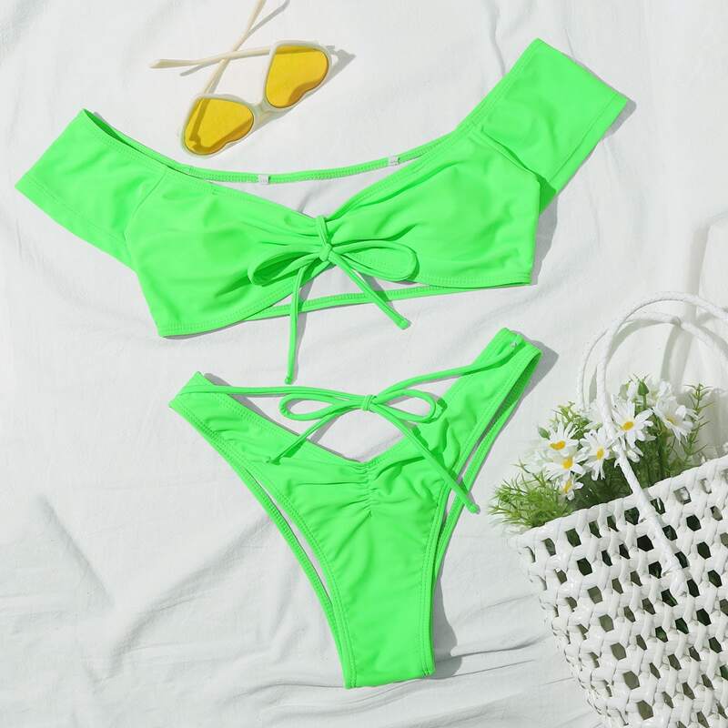 

Neon Green Knot Front High Leg Bikini Swimsuit, Green bright