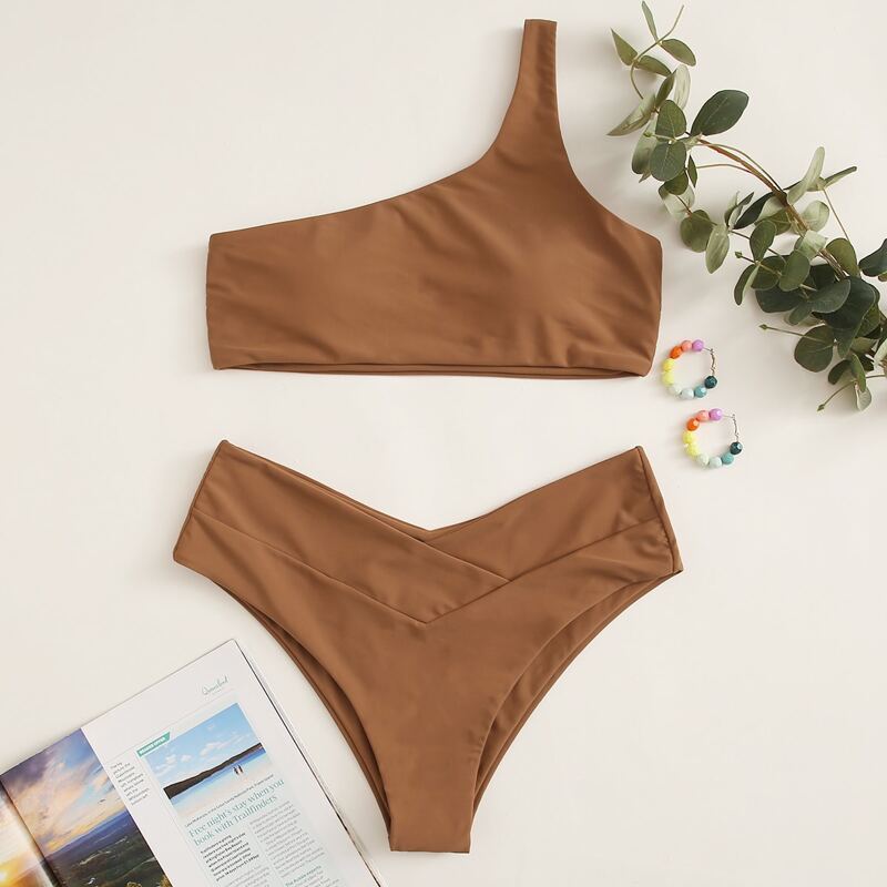 

One Shoulder Bikini Swimsuit, Brown