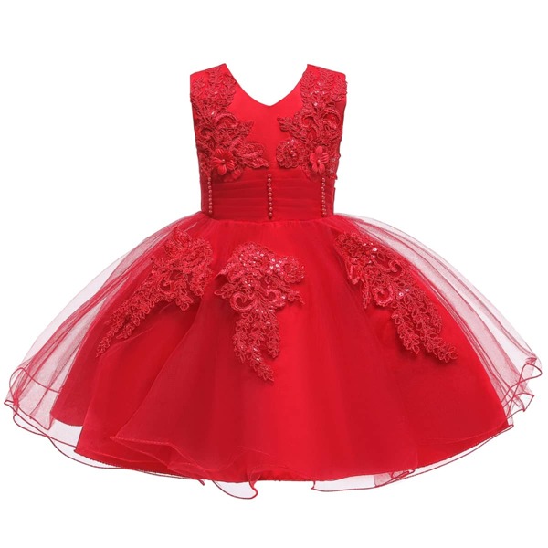 

Toddler Girls Embroidery Appliques Knot Gown Dress, Red