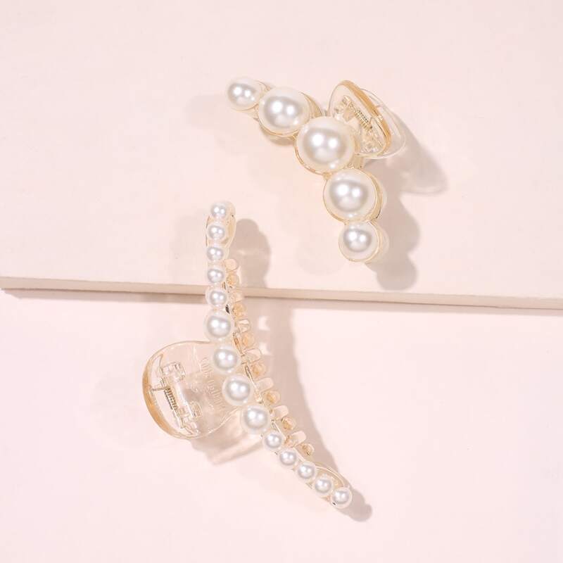 

2pcs Faux Pearl Decor Hair Claw, White