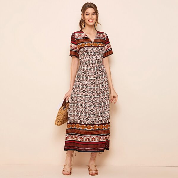 

V-neck Tribal Print Dress, Multicolor