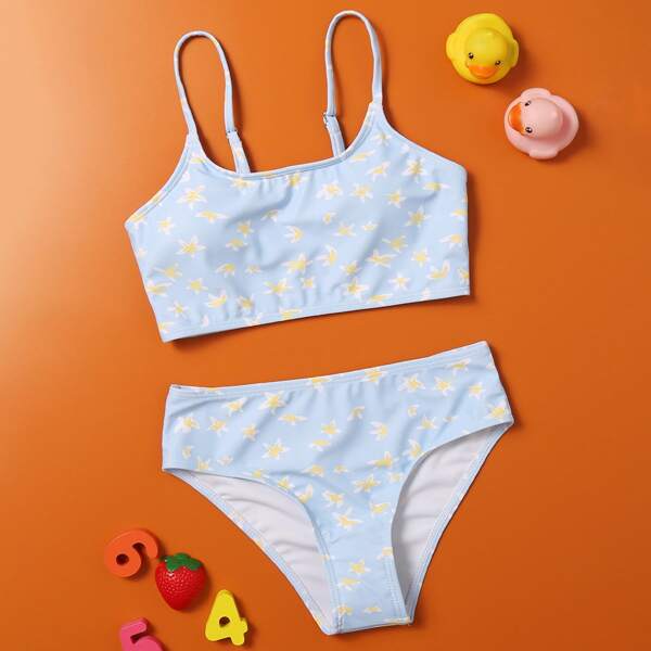 

Girls Starfish Print Bikini Swimsuit, Baby blue
