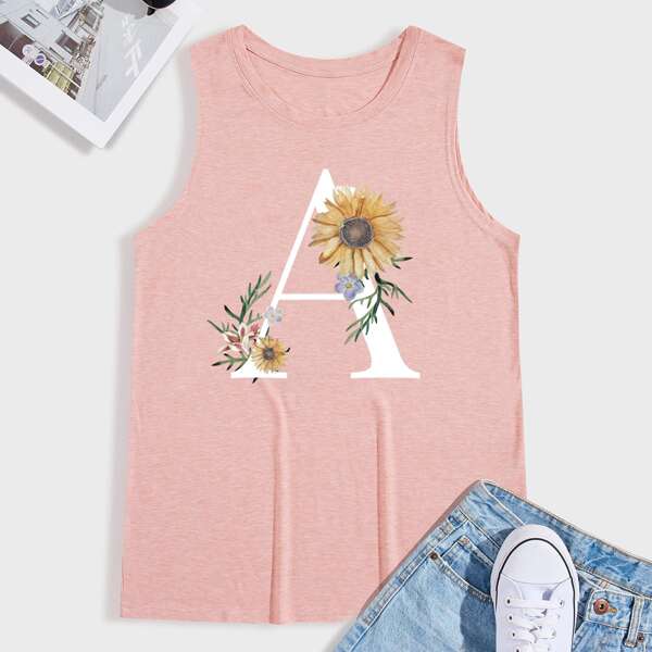 

Men Letter & Floral Print Tank Top, Pink
