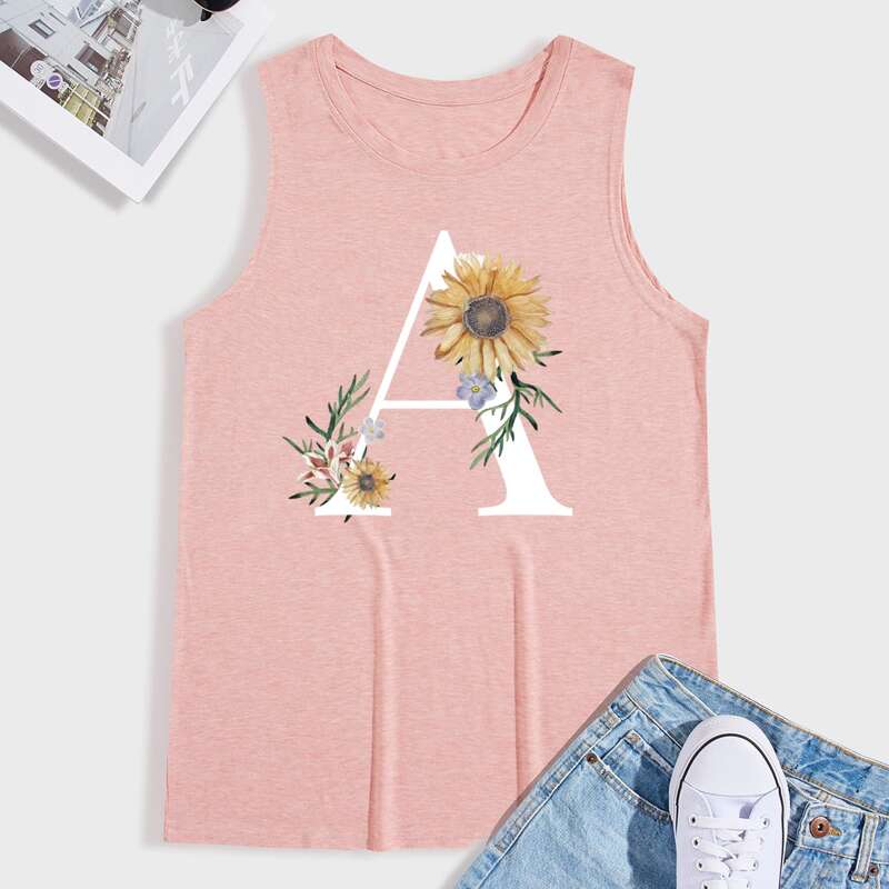 

Guys Letter & Floral Print Tank Top, Pink