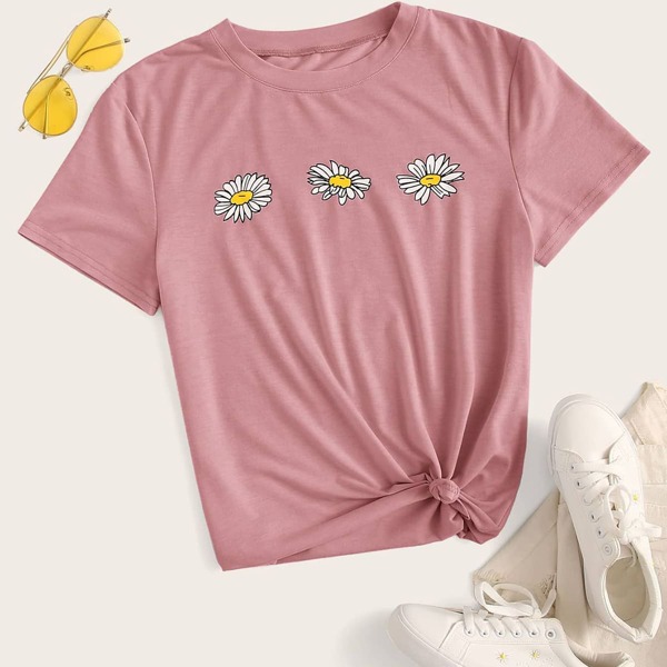 

Plus Daisy Print Round Neck Tee, Pink