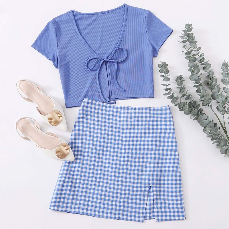 

Tie Front Top & Gingham Skirt, Blue