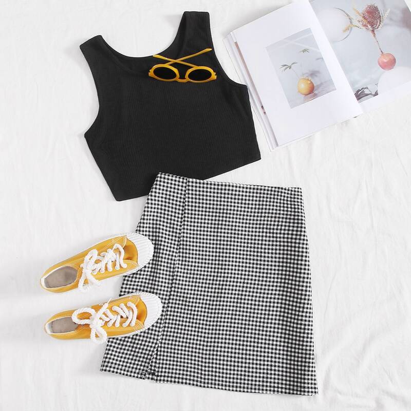 

Black Tank & Gingham Skirt, Black and white