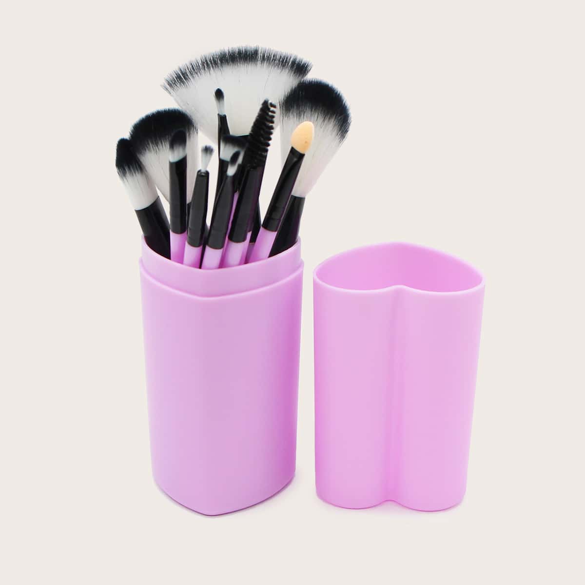 

12pcs Fan Makeup Brush With Bucket, Purple