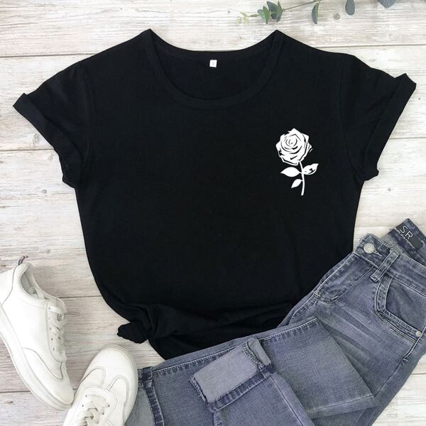 

Plus Rose Print Short Sleeve Tee, Black