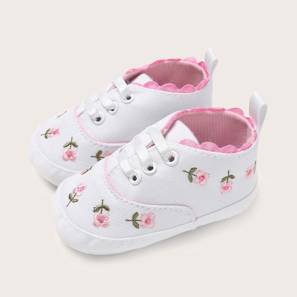 

Baby Girl Lace-up Front Floral Embroidery Flats, White