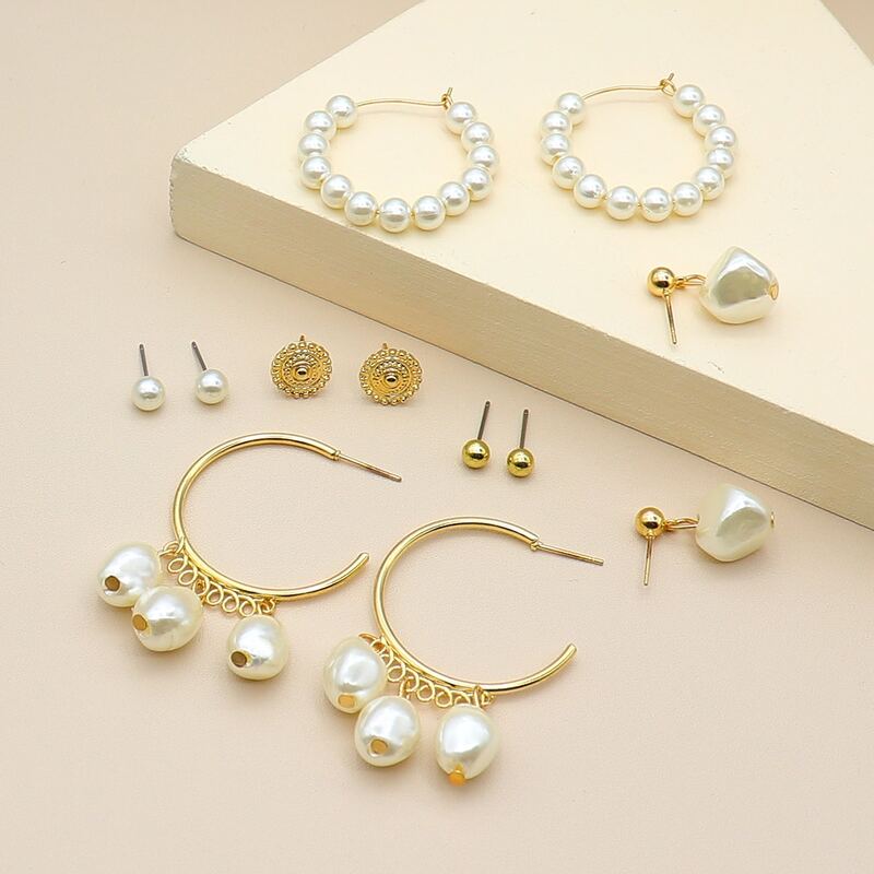 

6pairs Faux Pearl Earrings, Gold