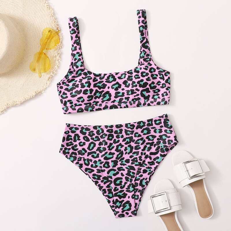

Leopard High Waisted Bikini Swimsuit, Multicolor