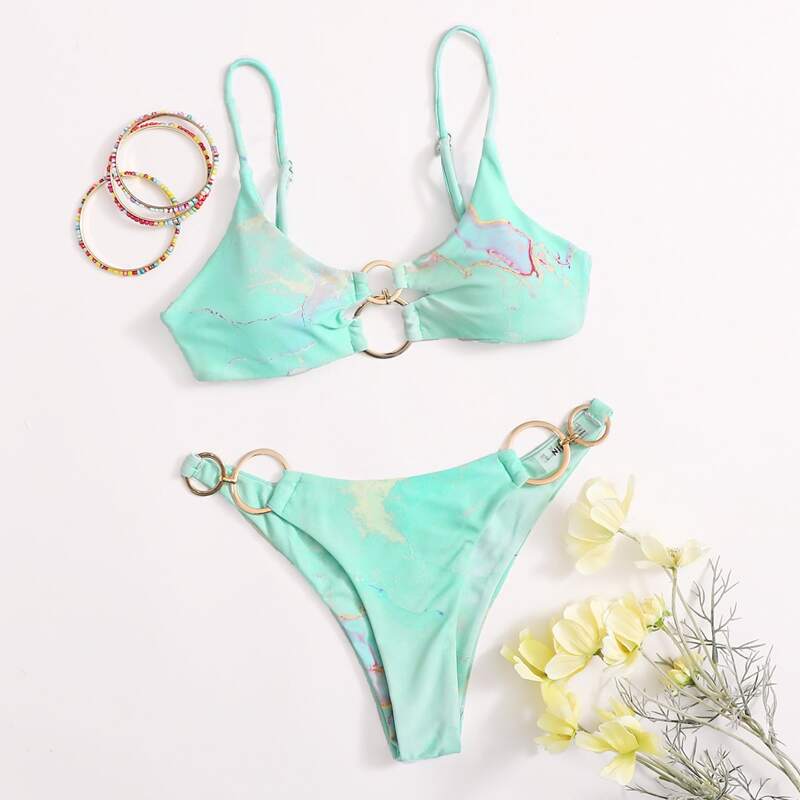 

Tie Dye Ring Linked Bikini Swimsuit, Green