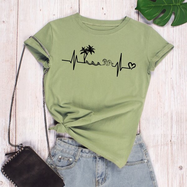 

Tropical Print Crew Neck Tee, Army green
