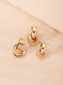 3pairs Textured Metal Earrings - Yellow Gold - View 3