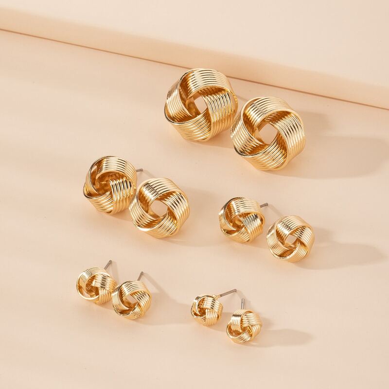 

5pairs Ribbed Stud Earrings, Gold