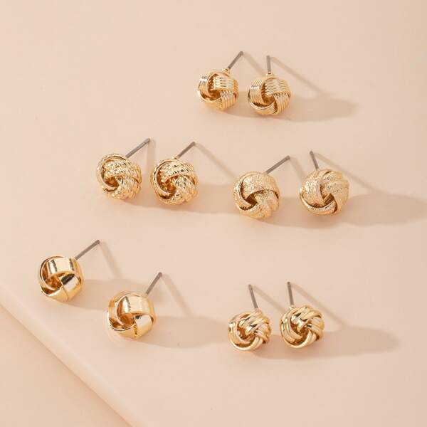 

5pairs Ribbed Stud Earrings, Gold