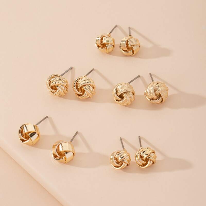 

5pairs Ribbed Stud Earrings, Gold