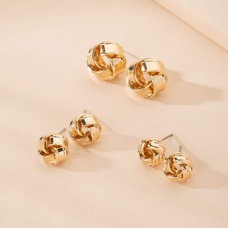 

3pairs Metal Stud Earrings, Gold