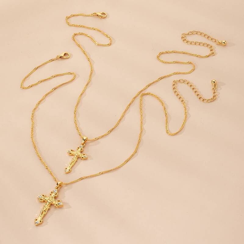 

2pcs Cross Charm Necklace, Gold