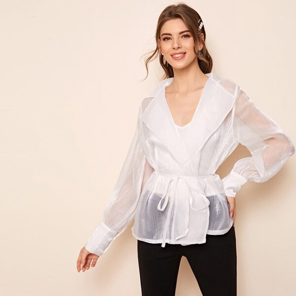 

Lantern Sleeve Tie Waist Wrap Mesh Blouse Without Camisole, White