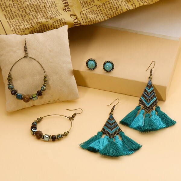 

Серьги с кисточками 3 пары, Зелёные