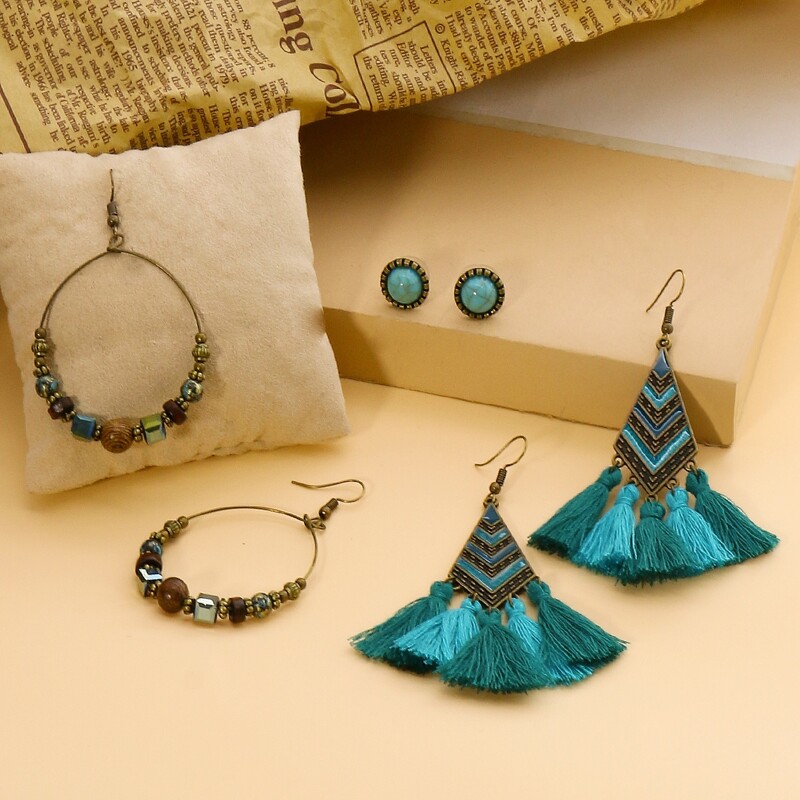 

3pairs Tassel Drop Earrings, Green