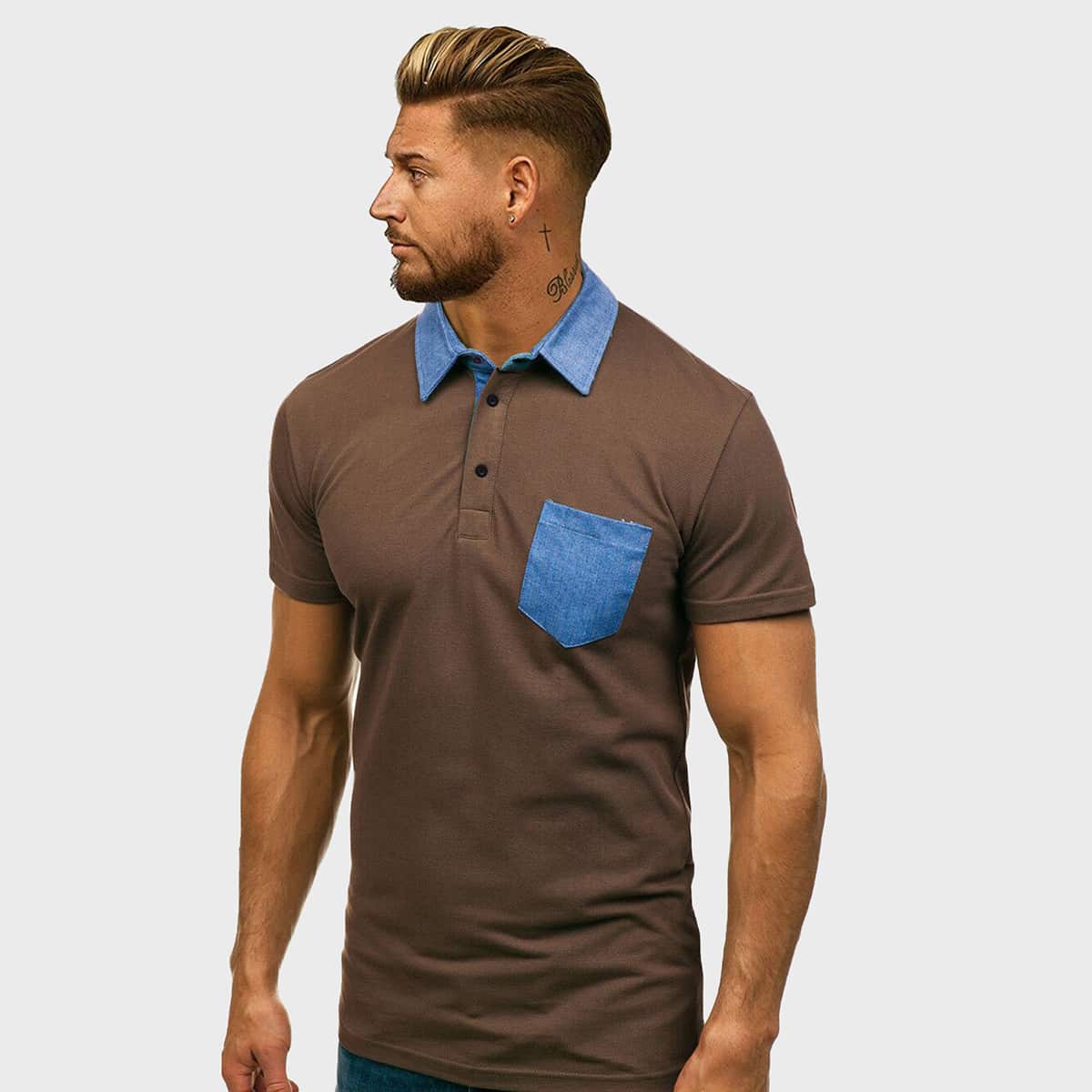 

Guys Contrast Collar Pocket Patched Polo Shirt, Brown