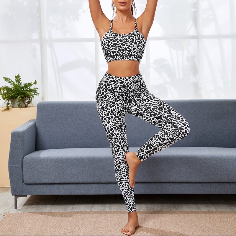 

Cow Print Criss-cross Cami Top & Leggings, Black and white