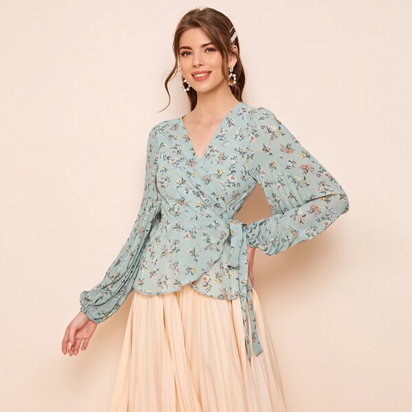 

Pleated Lantern Sleeve Wrap Knotted Floral Top, Mint green