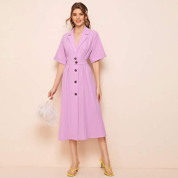 

Notched Collar Single Breasted Belted Shirt Dress, Purple pastel