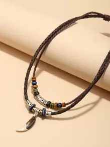 件男士傳統幾何圖案多層串珠項鍊，鯊魚牙設計 - 咖啡棕 - 查看 1